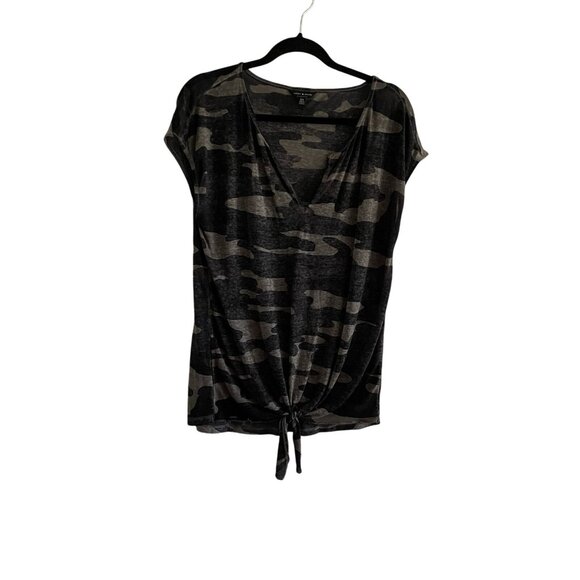 Lucky Brand Womn M Camo Burnout Casual Short Sleeve Split Neck Tie Front T-Shirt - Picture 2 of 7